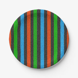 Orangefarbener, blauer, grüner, schwarzer Glitzer Pappteller