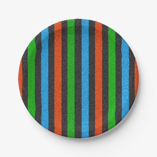 Orangefarbener, blauer, grüner, schwarzer Glitzer Pappteller (Vorderseite)