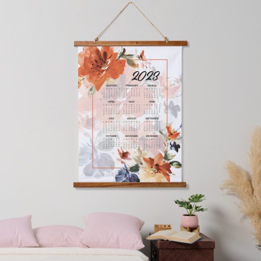 Orangefarbener Blumenkalender Wandteppich Mit Holzrahmen (Schlafzimmer)