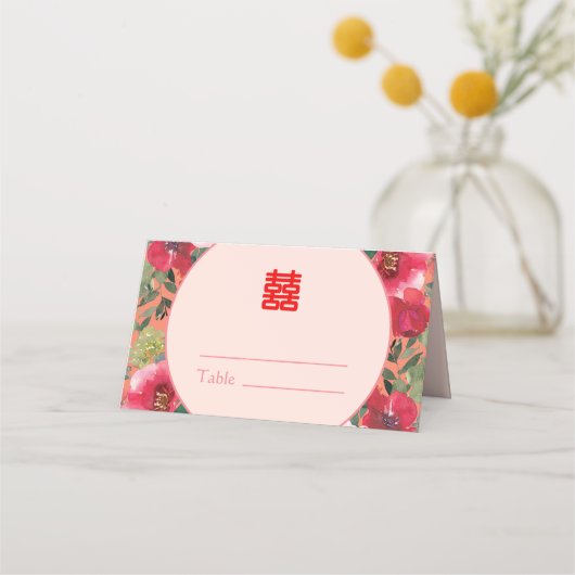 Orangefarbener Blumenkranz moderne chinesische Hoc Platzkarte (Vorderseite)