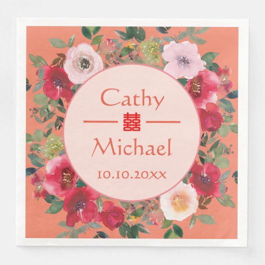 Orangefarbener Blumenkranz moderne chinesische Hoc Serviette (Vorderseite)