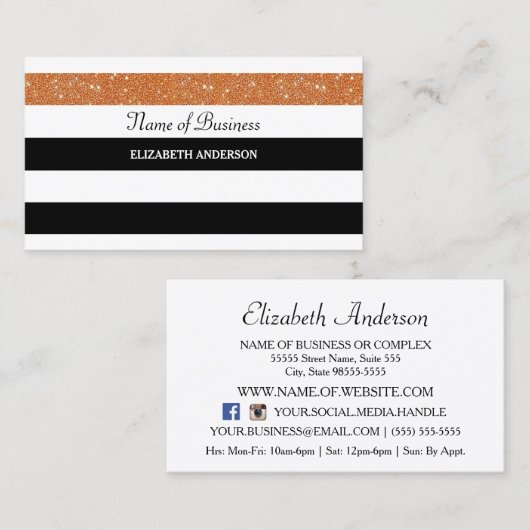 Orangefarbener Glitzer Trendschwarz-weiße Streifen Visitenkarte (Vorne/Hinten)