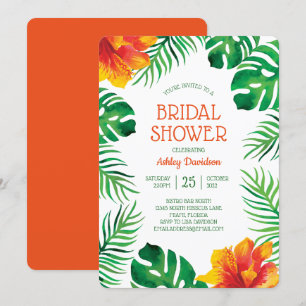 Orangefarbener Hibiskus und tropische Blätter Brau Einladung