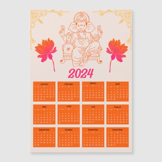 Orangefarbener Kalender 2024 - Lord Ganpati Magnet (Vorderseite)