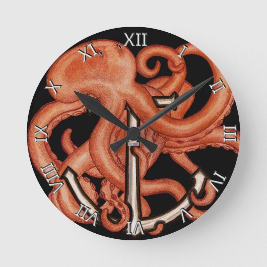 Orangefarbener Kraken über Anker Runde Wanduhr (Vorderseite)