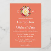 Orangefarbener Kranz Chinesisches Hochzeitslogo Folieneinladung (Vorderseite)