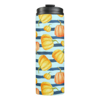 Orangefarbener Kürbis: Aquarelltöne. Thermosbecher