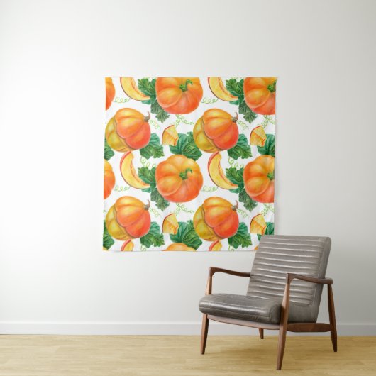 Orangefarbener Kürbis auf weißem Hintergrund. Naht Wandteppich (Beispiel (Horizontal))