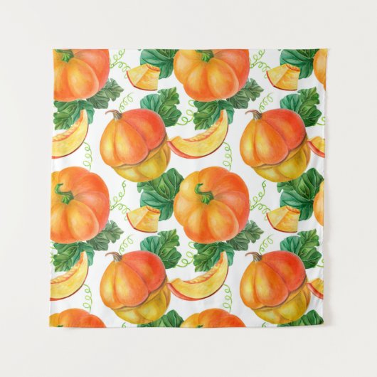 Orangefarbener Kürbis auf weißem Hintergrund. Naht Wandteppich (Vorderseite)