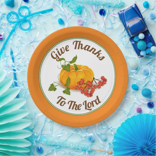 Orangefarbener Kürbis, Beeren, Blätter fallen Ernt Pappteller (Party)