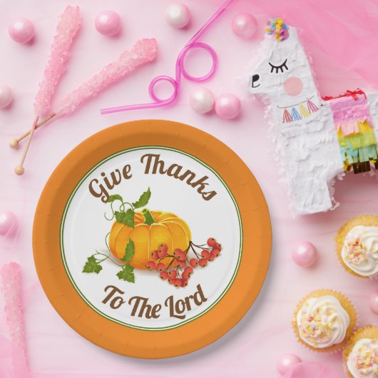 Orangefarbener Kürbis, Beeren, Blätter fallen Ernt Pappteller (Party)