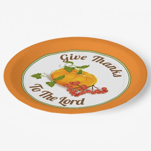 Orangefarbener Kürbis, Beeren, Blätter fallen Ernt Pappteller (Schrägansicht)