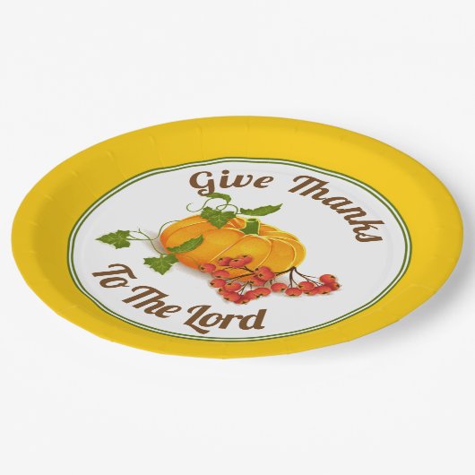 Orangefarbener Kürbis, gelber Erntedank Pappteller (Schrägansicht)