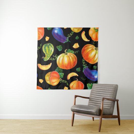 Orangefarbener Kürbis, gestreifter Zucchini, blaue Wandteppich (Beispiel)