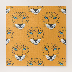 Orangefarbener Leopardenkopf, nahtloses Muster. Puzzle