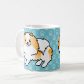 Orangefarbener Parti-Spitz-Hund auf blau Kaffeetasse (Vorderseite Links)