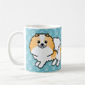 Orangefarbener Parti-Spitz-Hund auf blau Kaffeetasse (Links)