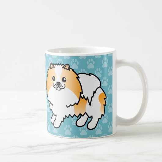 Orangefarbener Parti-Spitz-Hund auf blau Kaffeetasse (Rechts)