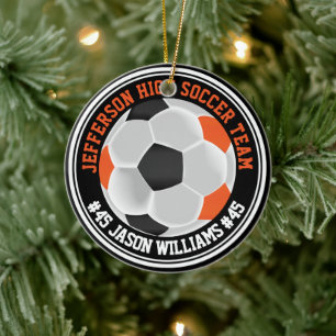 Orangefarbener, schwarzer und weißer Fußball ⚽ Keramik Ornament