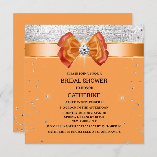 Orangefarbener silberner Glitzer mit elegantem, sc Einladung (Vorne/Hinten)