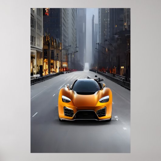 Orangefarbener Sportwagen auf der Straße | AI Art Poster (Vorne)