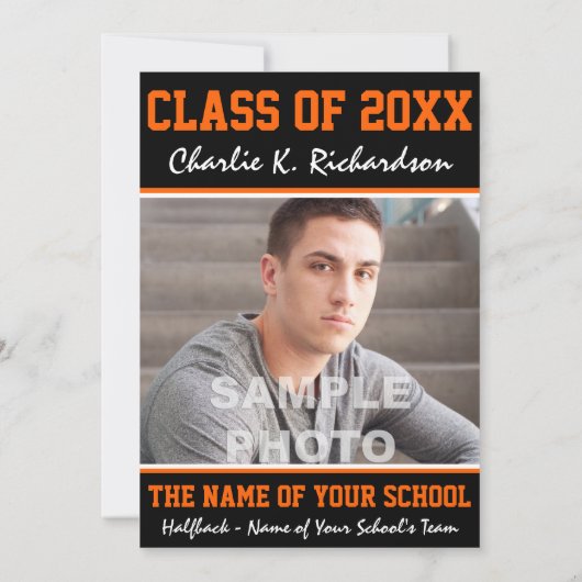 Orangefarbener und schwarzer Abschluss Einladung (Rückseite)