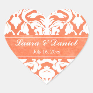 Orangefarbener und weißer Damast 1,5" Hochzeitsauf Herz-Aufkleber