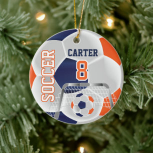 Orangefarbener, weißer und dunkelblauer Fußball Keramik Ornament