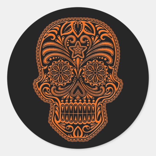 Orangefarbener Zuckerschädel auf schwarz Runder Aufkleber (Vorderseite)