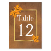 Orangefarbenes Ahorn Blätter auf brauner Hochzeits Tischnummer (Rückseite)