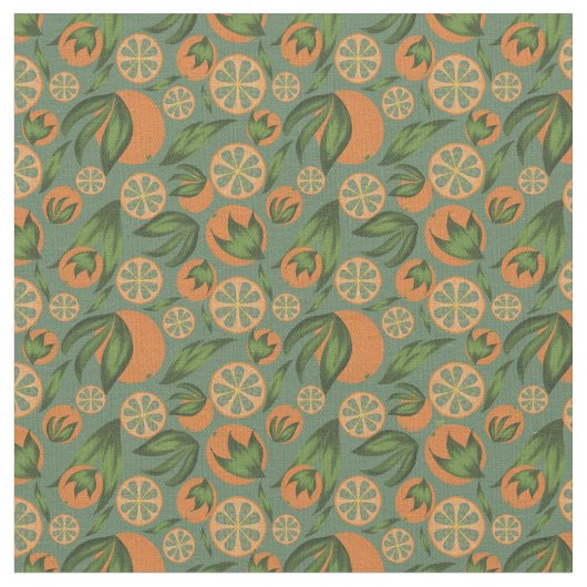 Orangefarbenes Aquamarines Fruchtmuster Stoff (Nahaufnahme)