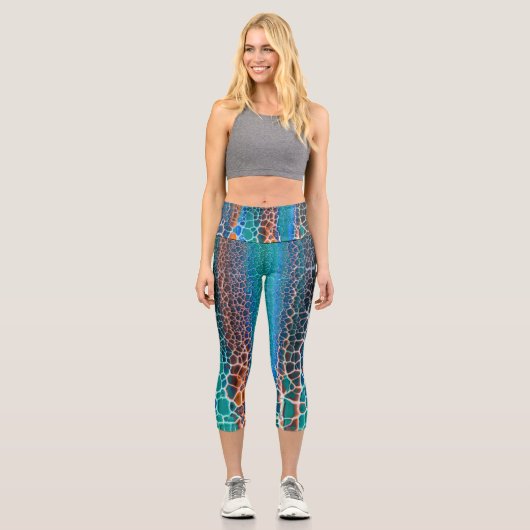 Orangefarbenes blaues, Aquamarin verklebtes Glasab Capri Leggings (Vorderseite)