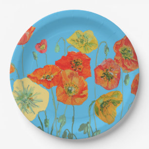 Orangefarbenes, blaues Mohn-Blume-Musterpapier-Par Pappteller
