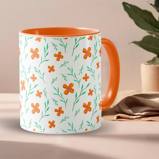 Orangefarbenes Blume- und Twigs-Wasserfarbmuster Tasse
