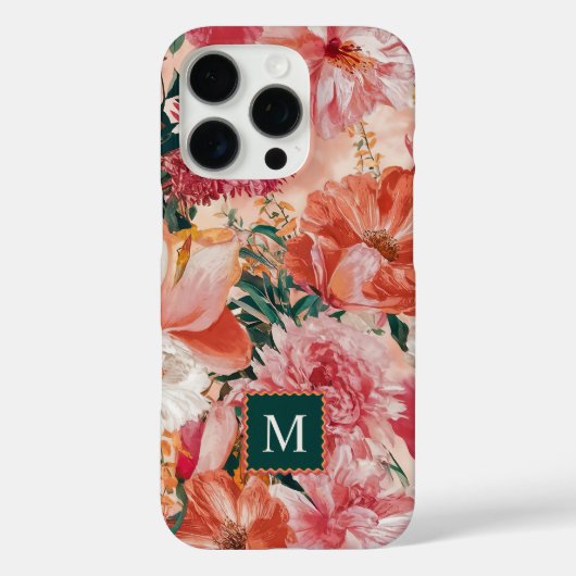 Orangefarbenes Blumenmuster Monogramm Case-Mate iPhone Hülle (Rückseite)