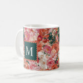 Orangefarbenes Blumenmuster Monogramm Kaffeetasse (Vorderseite Links)