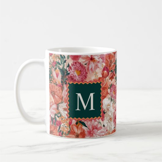 Orangefarbenes Blumenmuster Monogramm Kaffeetasse (Links)