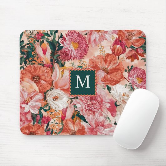 Orangefarbenes Blumenmuster Monogramm Mousepad (Mit Mouse)