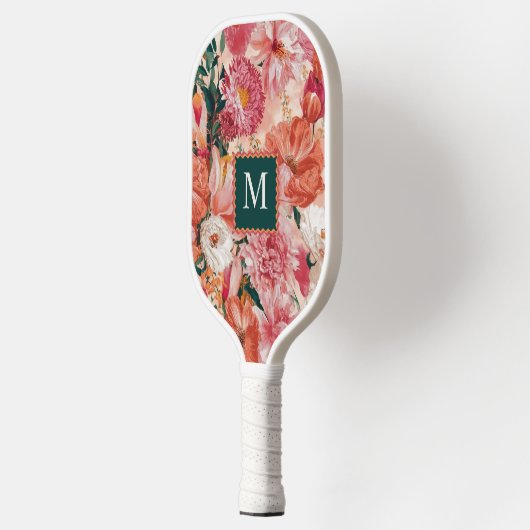 Orangefarbenes Blumenmuster Monogramm Pickleball Schläger (Links)