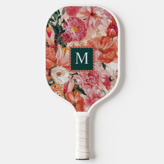 Orangefarbenes Blumenmuster Monogramm Pickleball Schläger (Vorderseite)