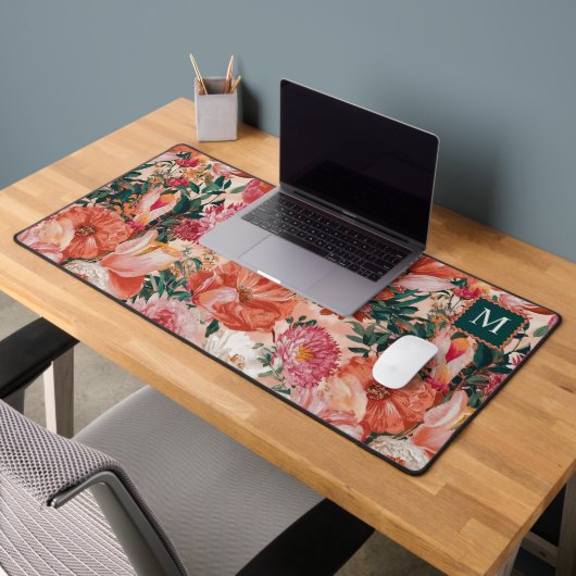 Orangefarbenes Blumenmuster Monogramm Schreibtischunterlage (Büro 2)