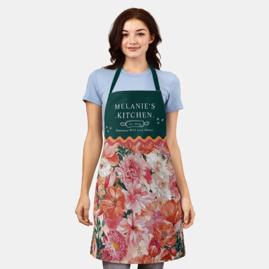 Orangefarbenes Blumenmuster Monogramm Schürze (Getragen)