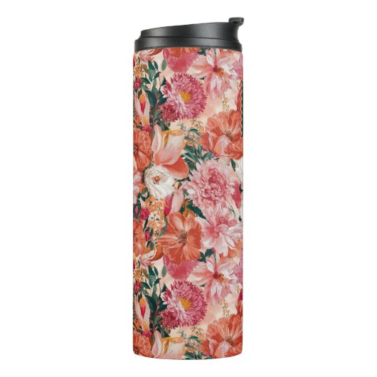 Orangefarbenes Blumenmuster Monogramm Thermosbecher (Nach links gedreht)