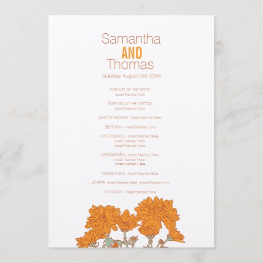 Orangefarbenes Chrysanthemum Hochzeitsprogramm Programm (Vorderseite)