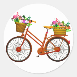 Orangefarbenes Fahrrad mit Korb von Blume - Aufkle Runder Aufkleber