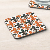 Orangefarbenes Fleur-de-lis-Muster Getränkeuntersetzer (Linke Seite)