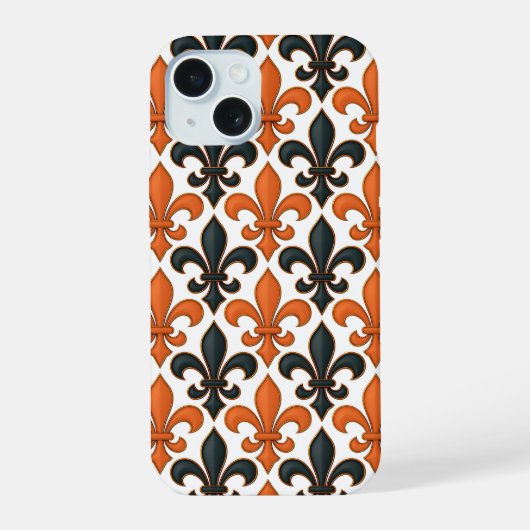 Orangefarbenes Fleur-de-lis-Muster iPhone 15 Hülle (Rückseite)