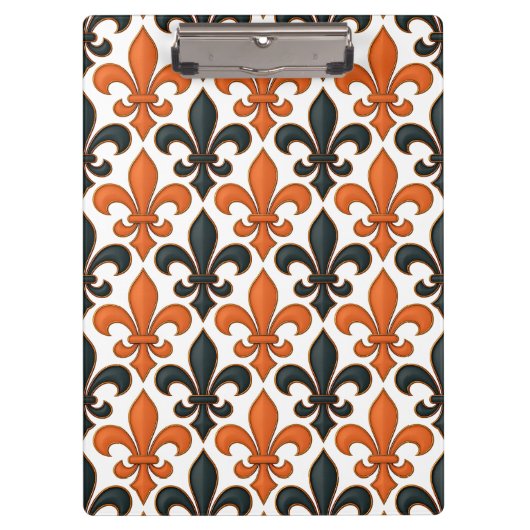 Orangefarbenes Fleur-de-lis-Muster Klemmbrett (Vorderseite)