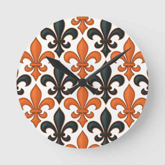 Orangefarbenes Fleur-de-lis-Muster Runde Wanduhr (Vorderseite)