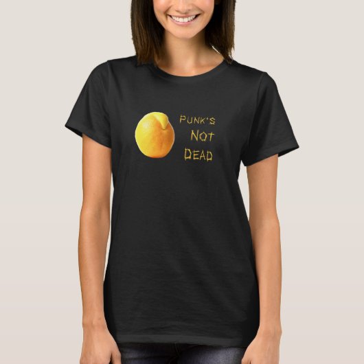 Orangefarbenes Fruchtstück mit Mohawk und Punk-Wor T-Shirt (Vorderseite)